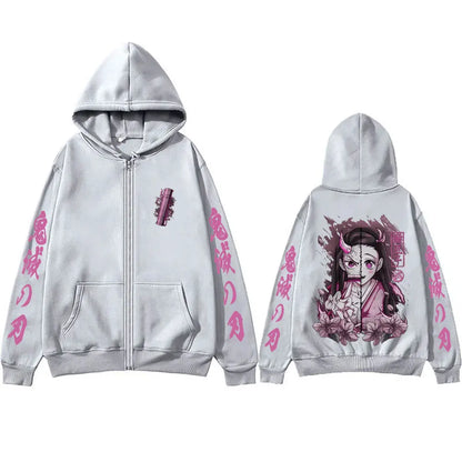 Oni Sakura Zip Hoodie – Japanese Dark Pink Streetwear Oversized Jacket