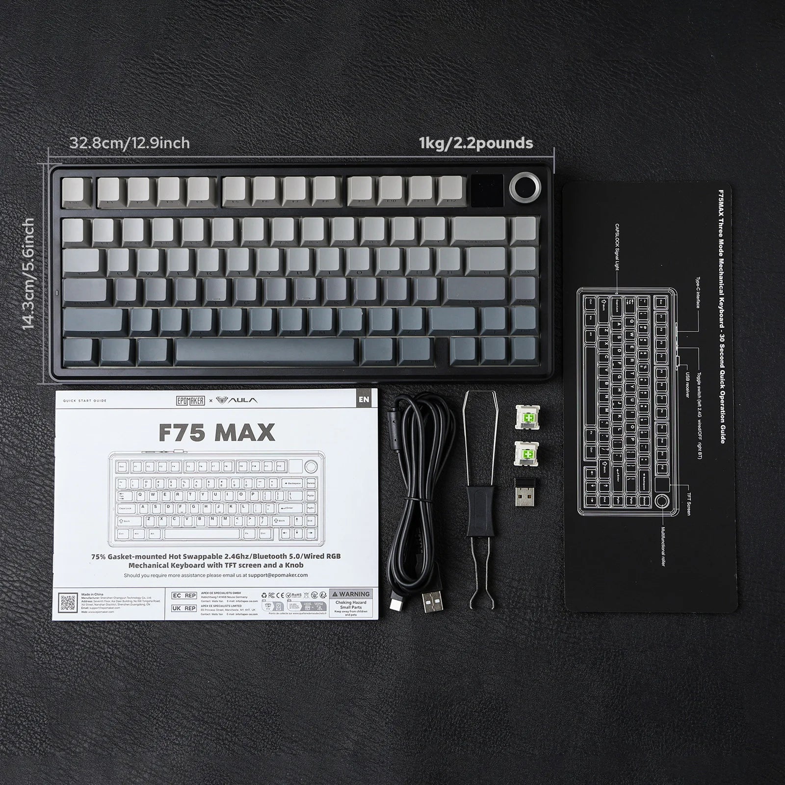 EPOMAKER X AULA F75 MAX Compact 75% ANSI Layout Teclado mecânico sem fio com fio/Bluetooth/2,4 GHz com tela TFT e botão