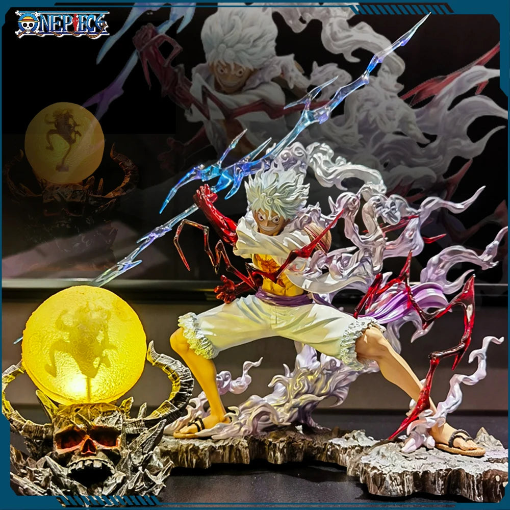 Uma peça nika luffy figura luffy sol deus engrenagem 5 com bola de luz 28cm estatueta ação pvc estátua modelo coleção decora brinquedo gif