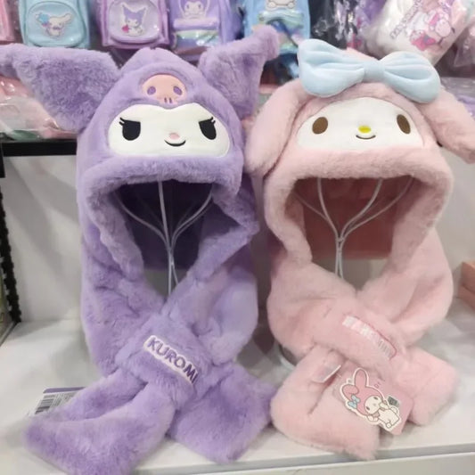 Gothic Bunny Plush Hooded Scarf - All-in-One Kawaii Winter Set