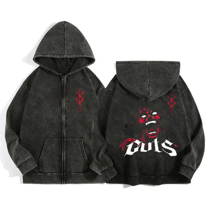 Unisex Washed Gothic Zip Hoodie – Dark Graphic Harajuku Streetwear Jacket