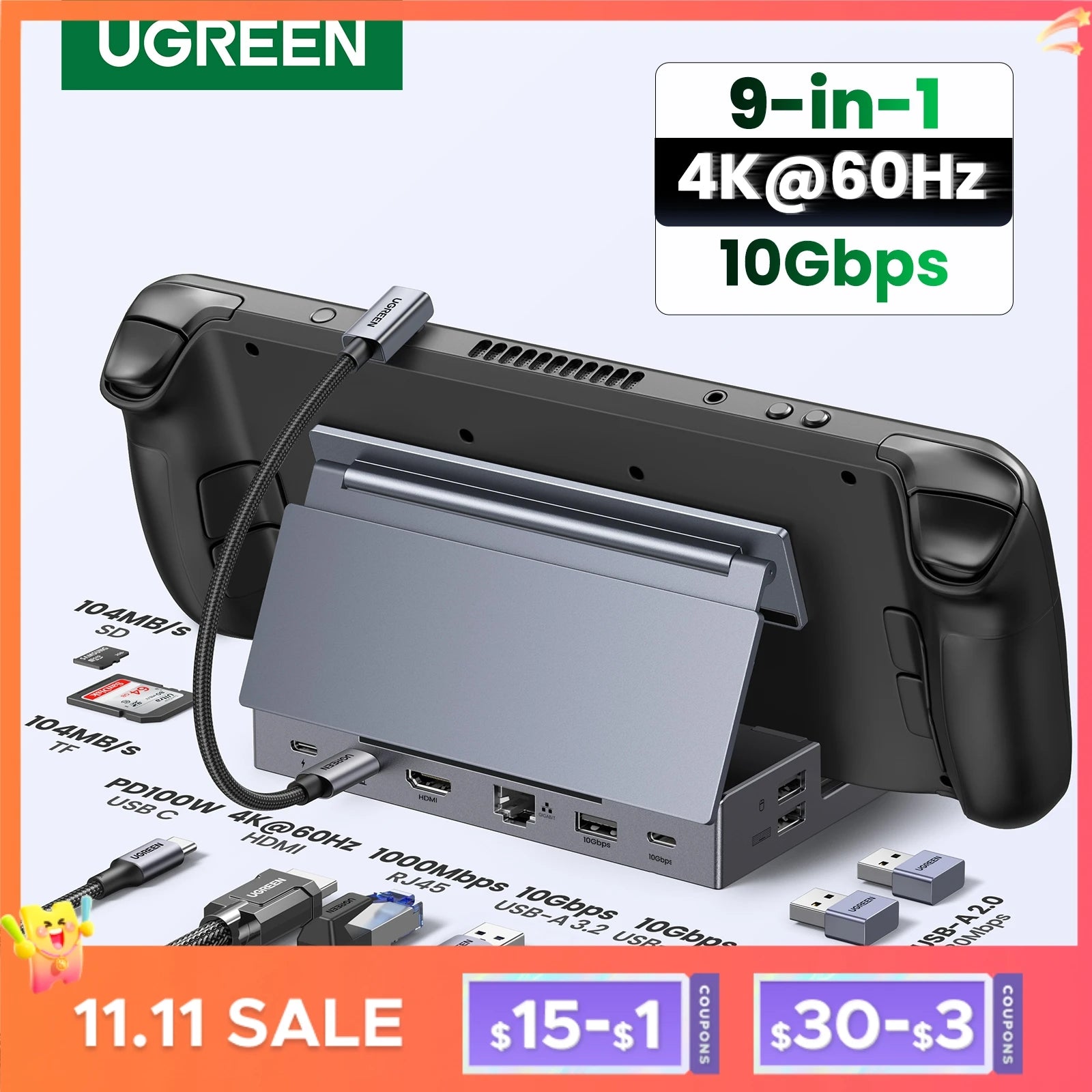 UGREEN-Steam Deck Dock, HUB USB C, Compatível com a ROG, Aliado, LEGION, Go, iPhone 15 Pro, Pro Max, 4K60Hz, 9 Portas, RJ45, PD100W