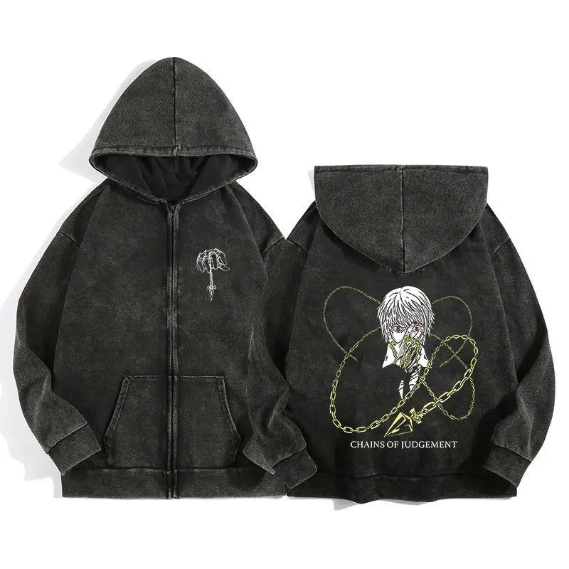 Unisex Gothic Anime-Inspired Zip Hoodie – Harajuku Streetwear with Luminous Spirit Graphic