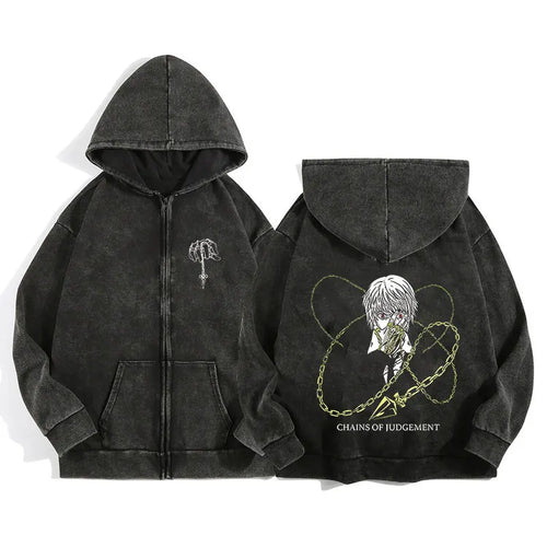 Unisex Gothic Anime-Inspired Zip Hoodie – Harajuku Streetwear with Luminous Spirit Graphic