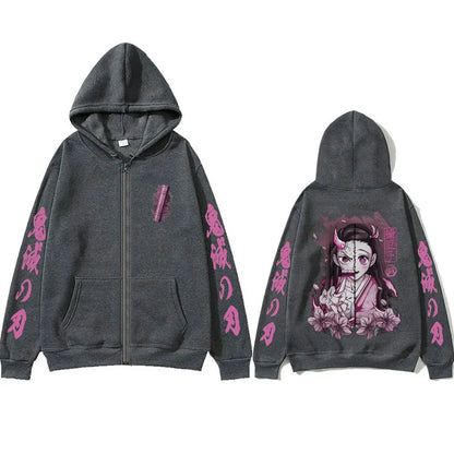 Oni Sakura Zip Hoodie – Japanese Dark Pink Streetwear Oversized Jacket