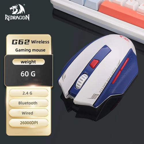 Redragon G62 Wireless Gaming Mouse – 2.4G + Bluetooth, 26,000 DPI Sensor, 6 Programmable Buttons, Ultra-Lightweight - Aruen Store