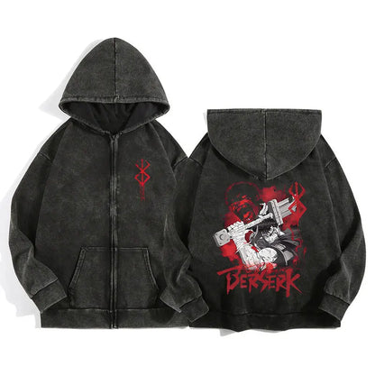 Unisex Washed Gothic Zip Hoodie – Dark Graphic Harajuku Streetwear Jacket