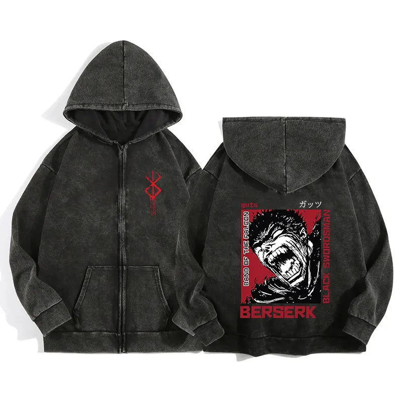 Unisex Washed Gothic Zip Hoodie – Dark Graphic Harajuku Streetwear Jacket
