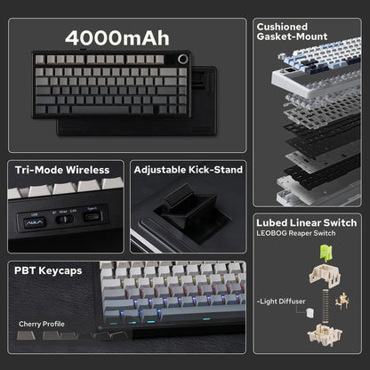 EPOMAKER X AULA F75 MAX Compact 75% ANSI Layout Teclado mecânico sem fio com fio/Bluetooth/2,4 GHz com tela TFT e botão
