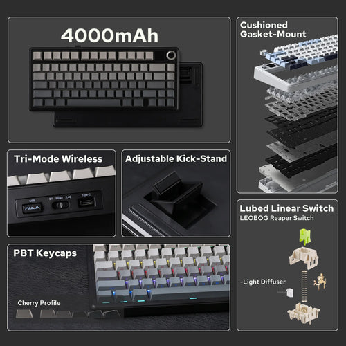 EPOMAKER X AULA F75 MAX Compact 75% ANSI Layout Teclado mecânico sem fio com fio/Bluetooth/2,4 GHz com tela TFT e botão