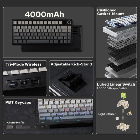 EPOMAKER X AULA F75 MAX Compact 75% ANSI Layout Teclado mecânico sem fio com fio/Bluetooth/2,4 GHz com tela TFT e botão