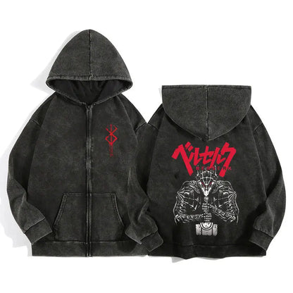 Unisex Washed Gothic Zip Hoodie – Dark Graphic Harajuku Streetwear Jacket