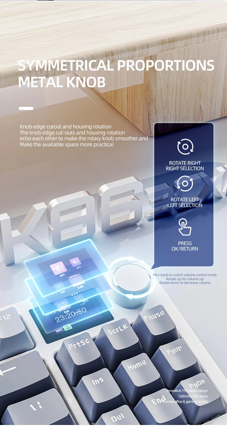 Attack Shark K86 RGB TFT Screen Wireless Mechanical Keyboard,Hot Swap, Metal Knob,Tri-mode Connectivity,macro Gaming Keyboar