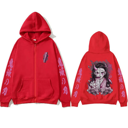 Oni Sakura Zip Hoodie – Japanese Dark Pink Streetwear Oversized Jacket