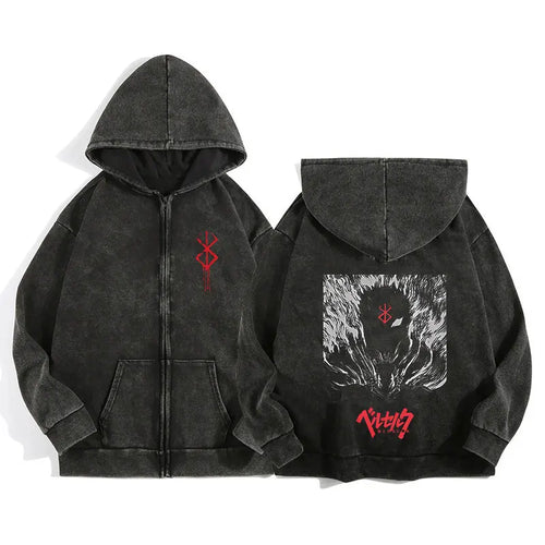 Unisex Washed Gothic Zip Hoodie – Dark Graphic Harajuku Streetwear Jacket