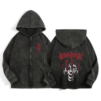 Unisex Washed Gothic Zip Hoodie – Dark Graphic Harajuku Streetwear Jacket