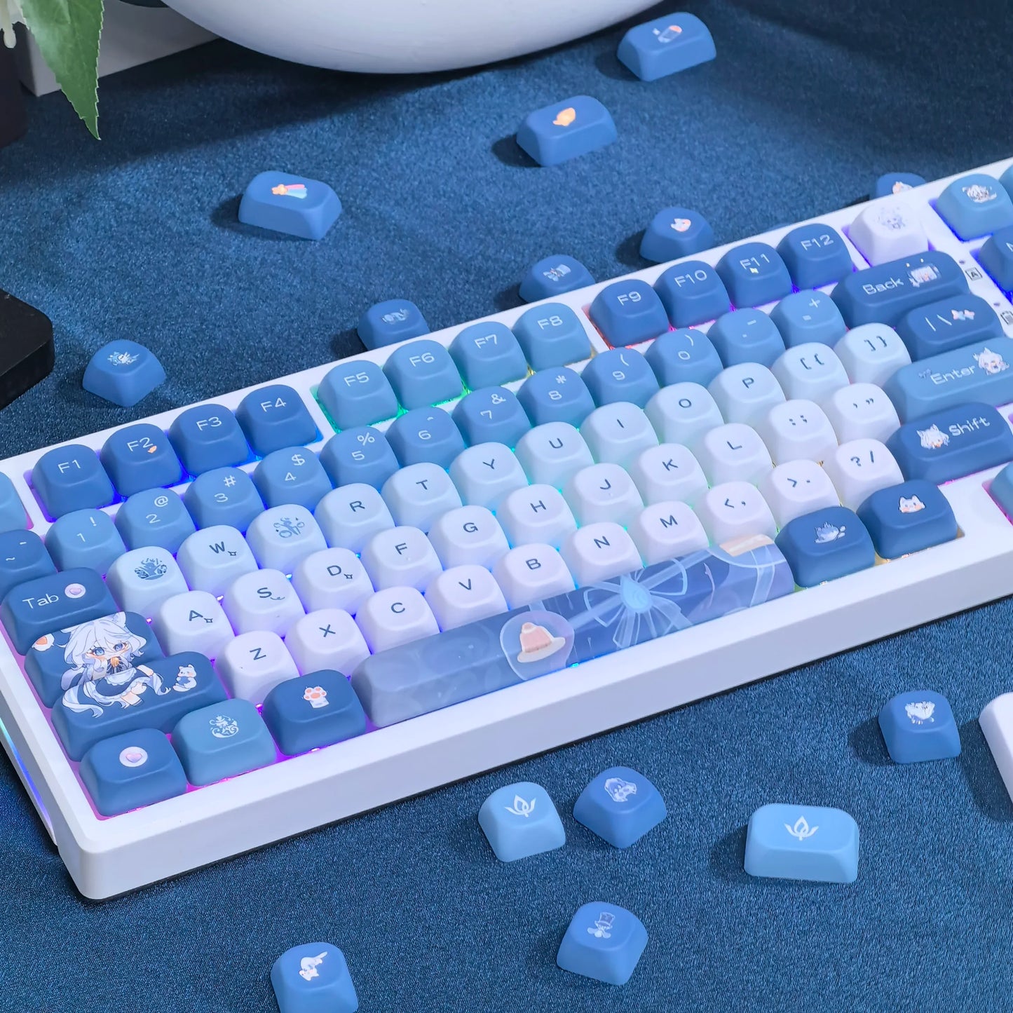 Genshin Impacto Furina Keycaps para Gaming Teclado Mecânico, Xiao Wanderer Meow, Perfil MOA, 104, 108, 75, 84, 84, 87 Layout