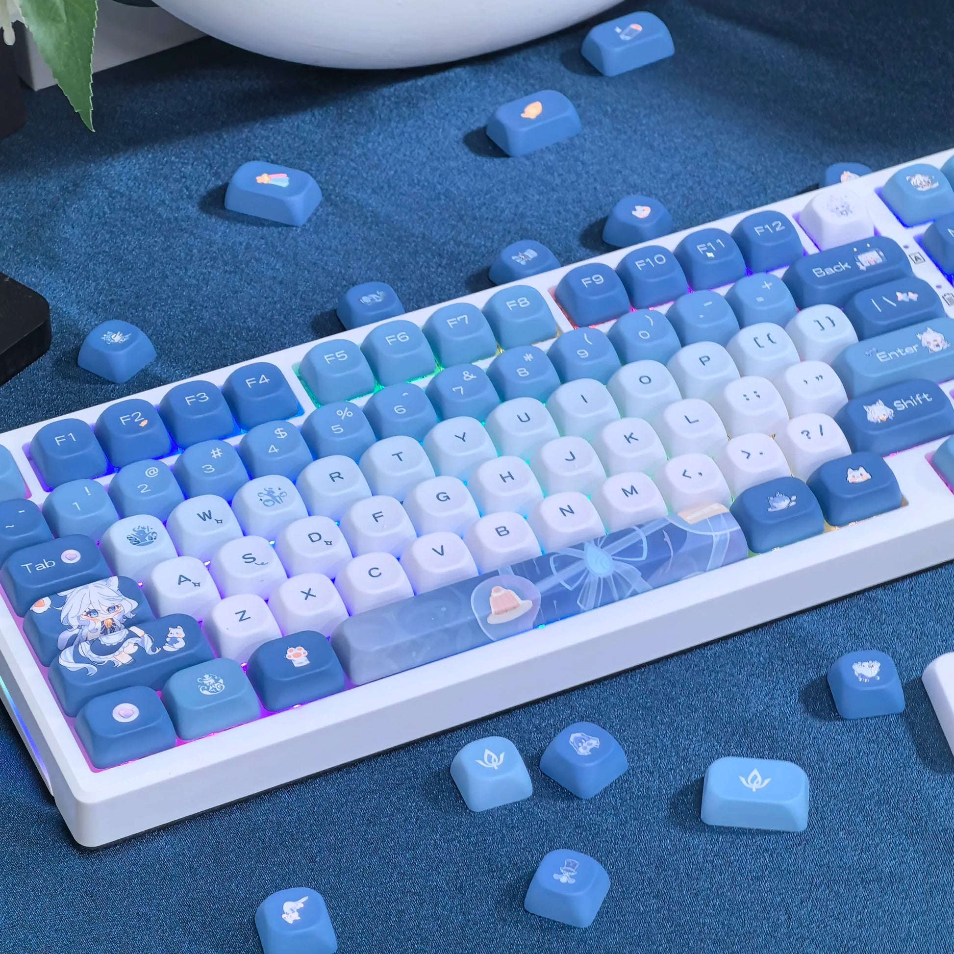 Genshin Impacto Furina Keycaps para Gaming Teclado Mecânico, Xiao Wanderer Meow, Perfil MOA, 104, 108, 75, 84, 84, 87 Layout